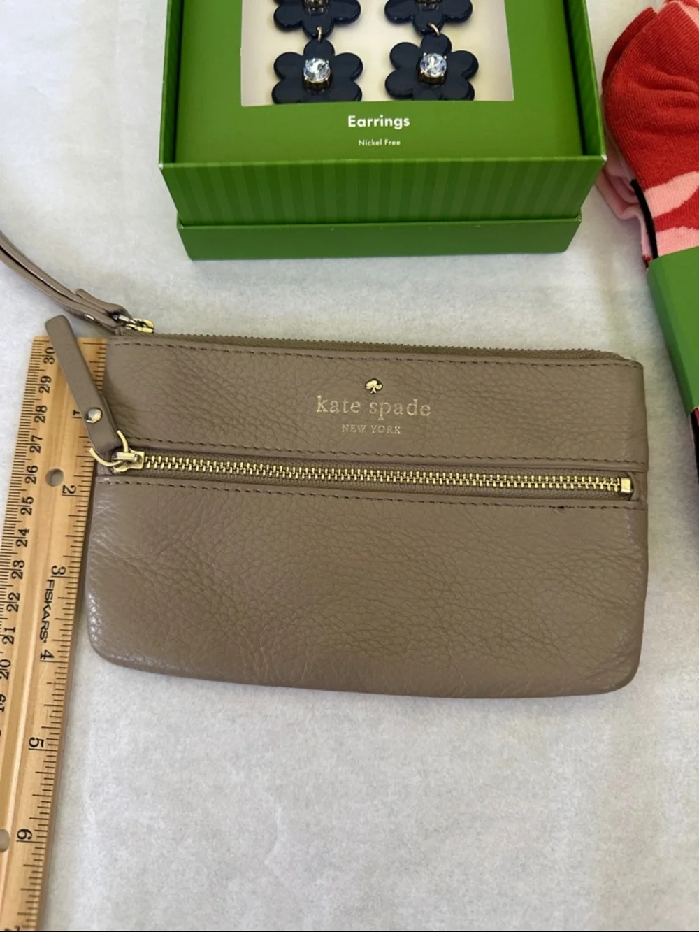 kate spade Bundle-3 pack Crew Socks, Taupe Leather Wristlet, Flower earrings